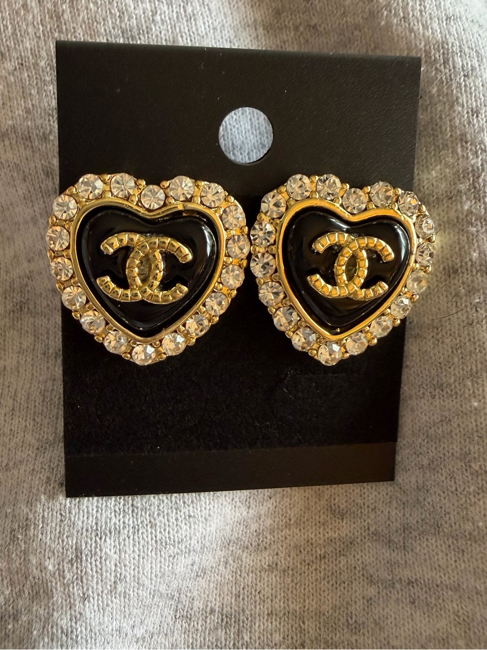 Upcycled Chanel Black & Gold Heart Logo Crystal stud Earrings